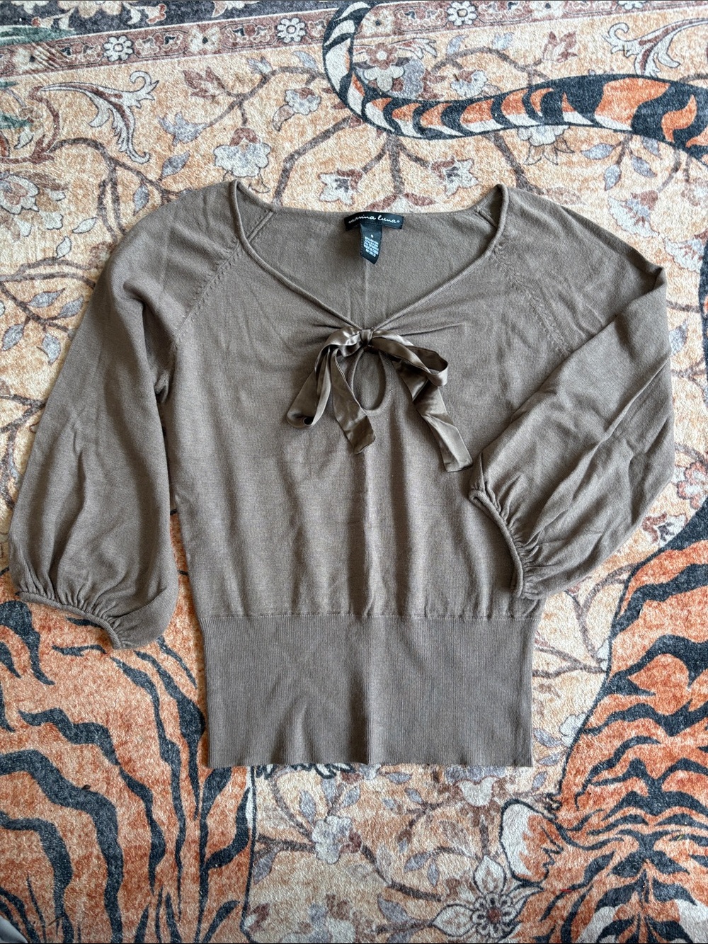 Marina Luna Taupe Brown Satin Tie-Front Puff Sleeve Top